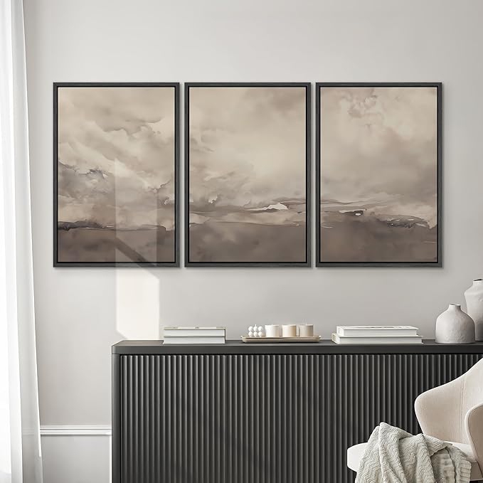 SIGNWIN Framed Canvas Print Wall Art Set Neutral Cloudy Sky Landscape Soft Beige and Taupe Illustrations Modern Art Decorative Boho Relax/Zen Nordic for Living Room, Bedroom, Office - 24"x36"x3 Black