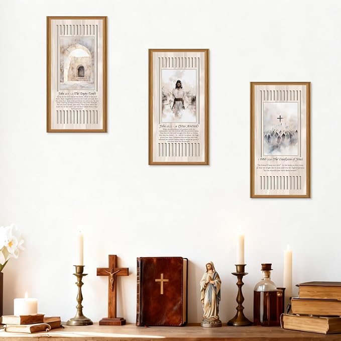 Ausril 3 Pcs Boho Christian Nativity Scene Wood Wall Art Birth of Jesus Wall Decor Catholic Easter Hanging Art Christmas Religious Artwork for Church Living Room Bedroom 7.9 x15.8 Inch