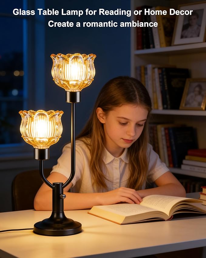 Lightdot Mid Century Modern Table Lamp for Living Room Dimmable Black Flower Desk Lamp Amber Glass Vintage Nightstand Lamp 2 Bulbs Included Warmwhite Ambient Bedside Lamp for Bedroom Home Office Decor