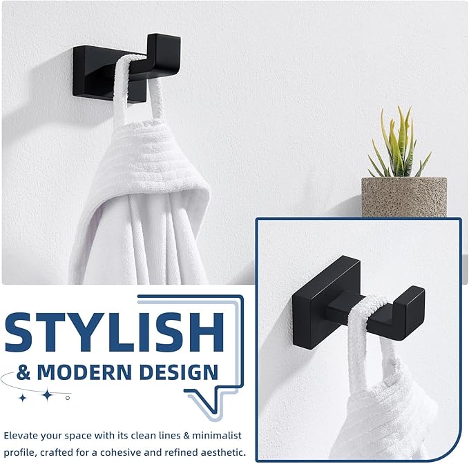 Suyar Matte Black Towel Hook, SUS 304 Stainless Steel Bathroom Robe Holder, Shower Towel Hanger, Wall Mounted