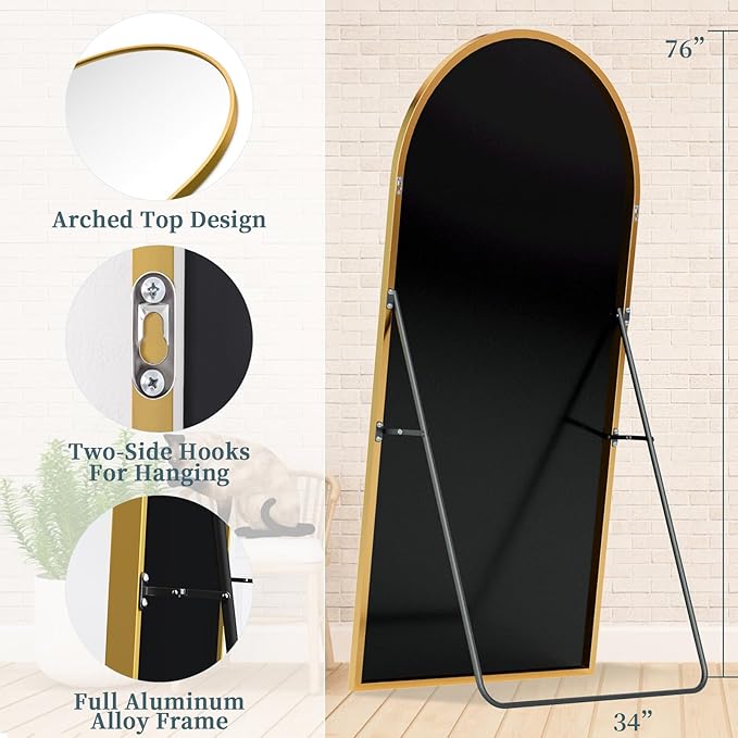 Full Length Mirror with Stand, 76"x34" Arched Full Body Mirror, Large Stand Up Mirrors, Aluminum Frame Floor Standing Mirrors, Freestanding Hanging Leaning Mounted for Bedroom Living Room, Gold