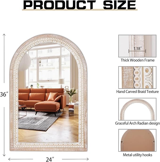 Reflinto 36x24 Inch Arched Farmhouse Mirror, Rustic Distressed Wood Wall Mirror for Bathroom Over Sink, Entryway, Living Room, Foyer Decor