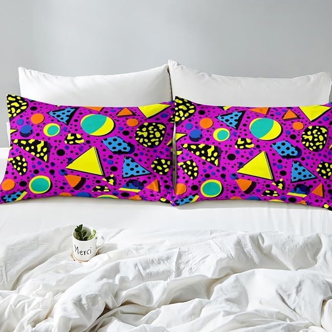 80S 90S Bedding Set Queen Size,Geometric Pattern in Retro Style Duvet Cover Eighties Memphis Comforter Cover Geometric Abstract Colorful Design With Dots Funky Quilt Cover Fashion 1980S Home Decor