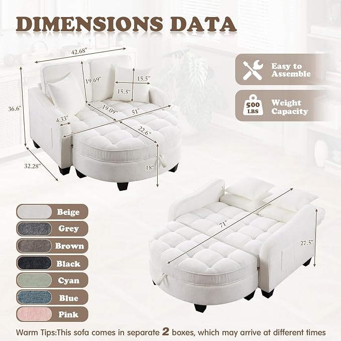 Oversized Chaise Lounge Chair Indoor with Ottoman, Chenille Tufted Comfy Loveseat Sofa Chair with Adjustable Backrest, Fluffy Recliner Sofa, Convertible Sleeper Couch Bed for Living Room(51"W, Beige)