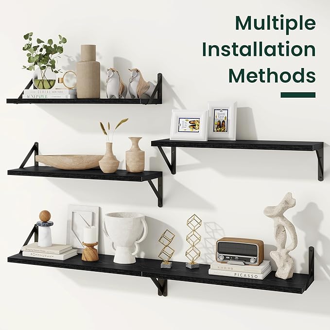Floating Shelves, 8 Inch Deep Rustic Wood Wall Storage, 36W x 8D Wall Shelves Set of 2, Heavy Duty Metal Brackets, Industrial Book Shelf for Living Room, Kitchen, Bathroom, Bedroom, Black