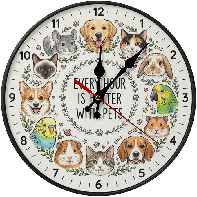 Cute Cartoon Pets Wooden Wall Clock Silent Non Ticking for Pet Lovers Home Decor Kitchen Living Room Bedroom Office Gift, Battery Operated Frameless 10/12 Inch