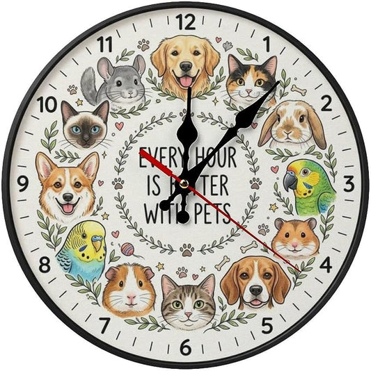 Cute Cartoon Pets Wooden Wall Clock Silent Non Ticking for Pet Lovers Home Decor Kitchen Living Room Bedroom Office Gift, Battery Operated Frameless 10/12 Inch