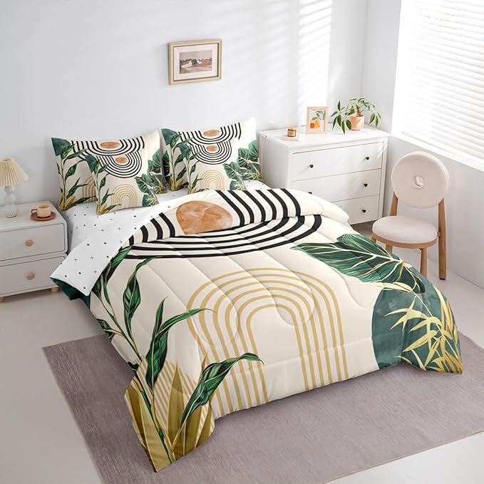 Erosebridal 7 Pcs Mid Century Boho Comforter Set Full Size Abstract Art Simple Bedding Sets,Minimalist Tropical Palm Leaves Bed in a Bag Modern Bohemian Style Quilt with Flat Fitted Sheet,Green Gold