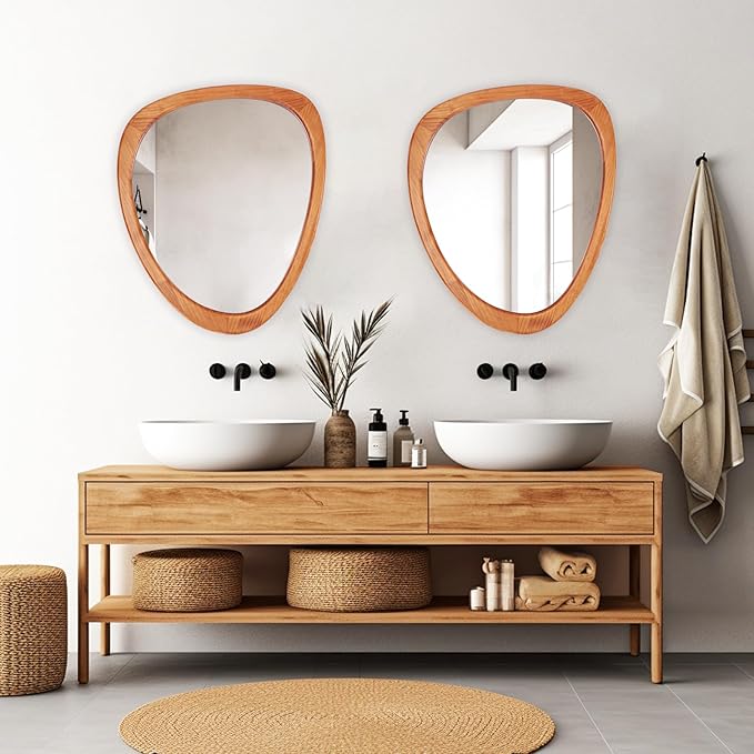 WallBeyond Asymmetrical Mirror, Irregular Wall Mirror for Bathroom, Bedroom, Living Room, Entryway, Hall - Walnut Wood Framed 23" H x 19" W