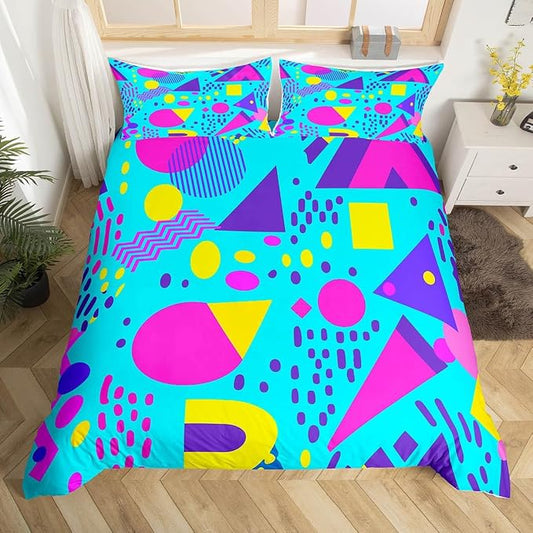 80s 90s Bedding Set Memphis Pattern Old Fashioned Comforter Cover King,Geometric Abstract Colorful Dots Funky Duvet Cover Retro Bed Set,Multicolor Vintage Rainbow 80'S Style 1980S Home Decor,Teal