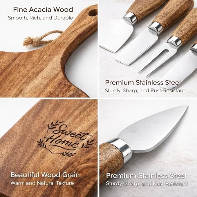 Charcuterie Board Gift Set, 9-Piece Acacia Wood Cheese Board with Knife Set, Elegant Serving Tray with Accessories, Gift Ready for Couples, Housewarming & Wedding