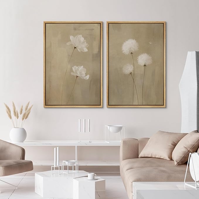 IDEA4WALL Framed Canvas Print Wall Art Set Neutral Floral with White Flowers and Dandelions Illustrations Modern Art Decorative Bohemian Calm/Zen for Living Room, Bedroom, Office - 24"x36"x2 Natural
