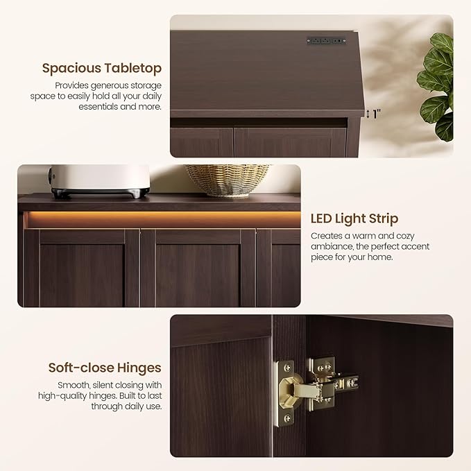 60'' Sideboard Buffet Cabinet with Storage, Modern Coffee Bar Cabinet with Power Outlets, LED Light, 4 Doors & Adjustable Shelves, Buffet Table for Kitchen, Dining Room, Living Room, Walnut