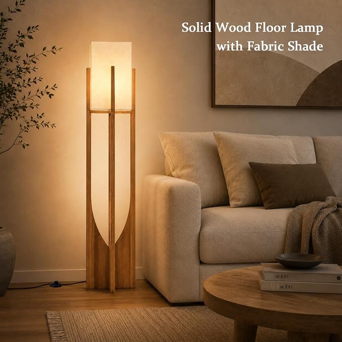 Solid Wood Floor Lamp, 57.1" Mid Century Modern Standing Lamp with Arch Base & Brass Hardware, Linen Shade for Living Room Bedroom Reading Corner, Walnut (LED Bulb Included)