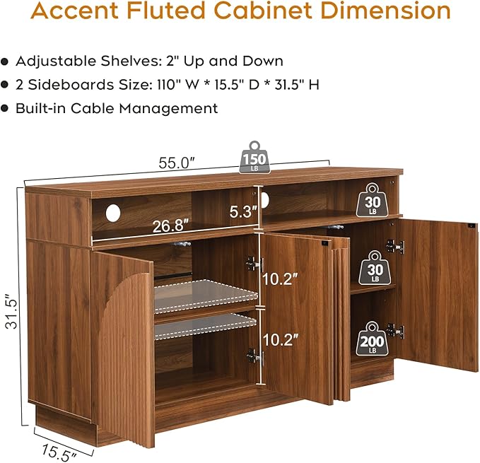 Yechen Walnut Fluted Sideboard Buffet Cabinet with Arched Reeded Design Doors, Mid Century Modern Credenza Storage Cabinet with Adjustable Shelves, for Living Room Kitchen Dinning Entryway