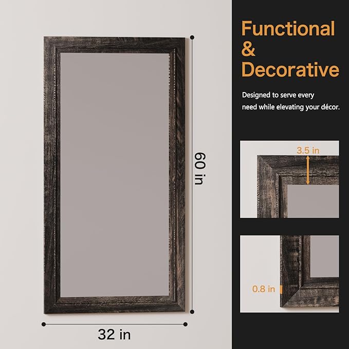 Rustic Wall-Mounted Vanity Mirror, Solid Wood Frame Bathroom Mirror, Farmhouse Style for Living Room, Bedroom, Entryway, Horizontal/Vertical Hanging