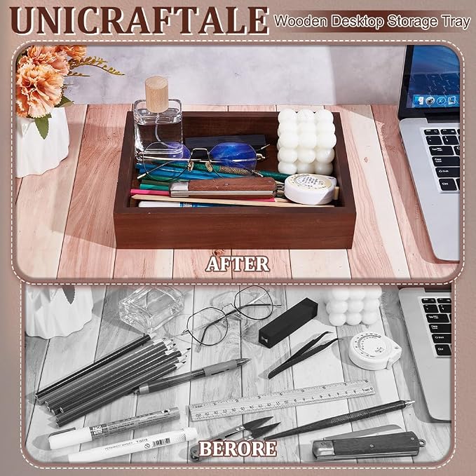 UNICRAFTALE Wood Desk Organizer Tray Rectangle Letter Tray for Office Desktop Organizer Brown Vintage Wood Paper Trays Magazine Holder Trays for File Pens Mail Keys 9.44"x6.69"x1.9"