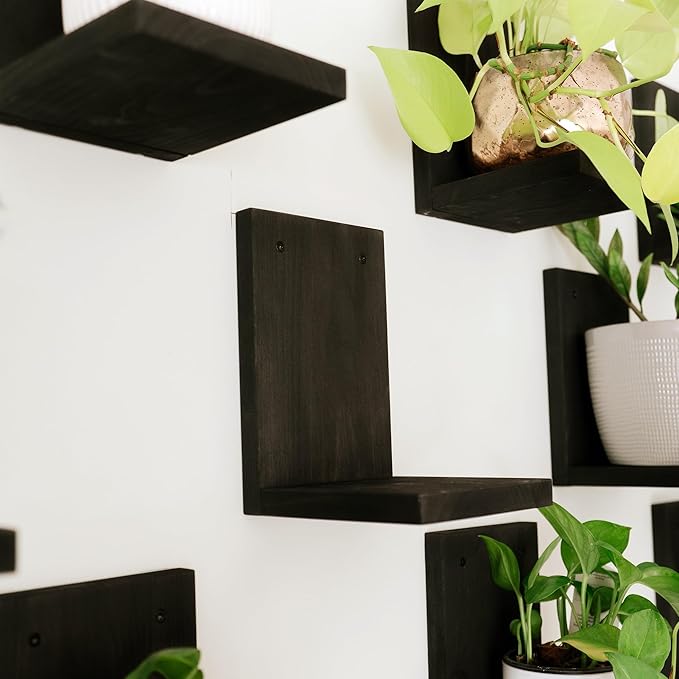 Daniel's Plants 3 Pack Mid-Century Modern L Shaped Wooden Plant Shelf Kit | Wall Mounted Floating Shelves | Solid Wood Wall Planter Shelf | Midnight Black