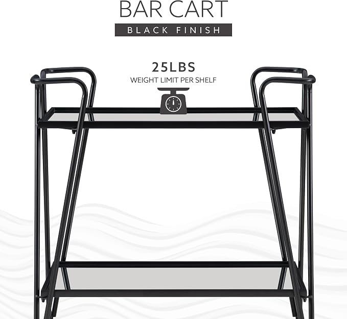 Linon Gina Black Mid Century Bar Cart with Mirrored Shelves