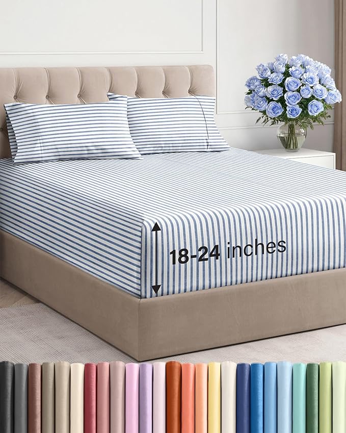 Extra Deep Twin Sheet Set - 4 Piece Breathable and Cooling Sheets - Hotel Luxury Bedding for Women, Men, Kids & Teens - Easy & Secure Fit - Soft and Wrinkle Free - Extra Deep Pockets - Blue Stripes