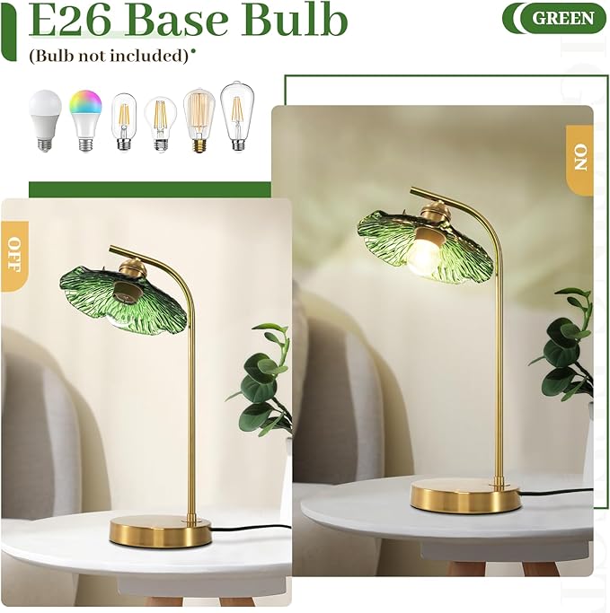 Glass Table Lamp Mid Century Modern Table Lamp Vintage Table Lamps Gold Desk Lamp Touch Bedside Lamps with Green Flower Shade Small Nightstand Lamps for Bedroom Living Room Office
