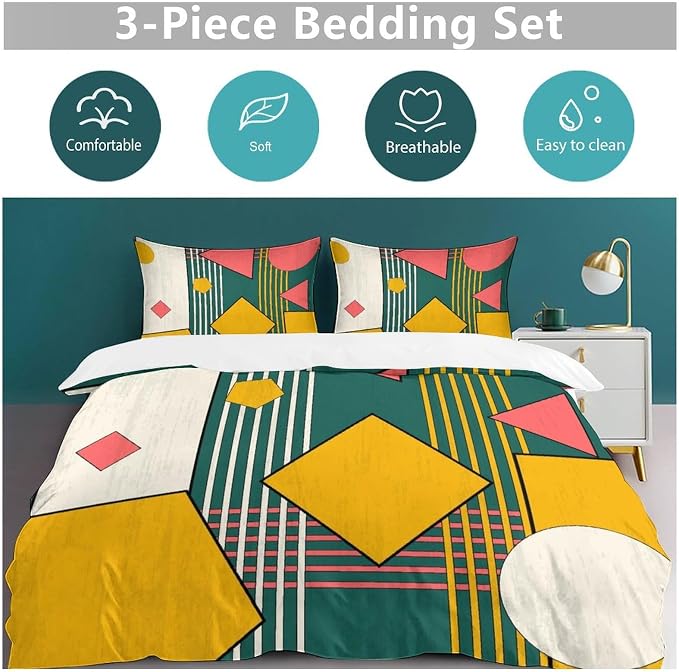 Colorful Aesthetic Comforter Cover Geometry Bed Set, Retro Atomic Duvet Cover，Modern Mid Century Bedding Sets，Aesthetic Abstract Art Bedding 3 Piece (1 Duvet Cover 79"x90" + 2 Pillow Sham 20"x30")