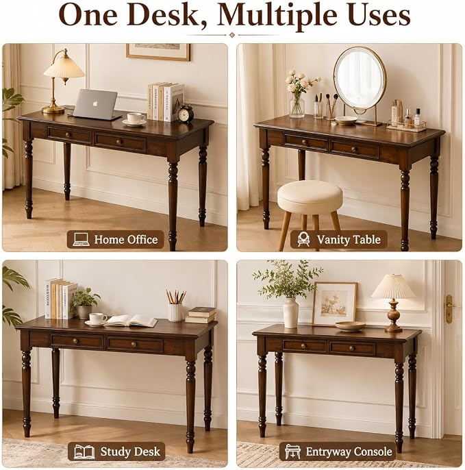 Solid Wood Desk with Drawers, Walnut Writing Desks, Small Computer Desk for Small Spaces, Gaming Study Home Office Desks for Work, Student PC Desk for Bedroom, Escritorios para Cuartos