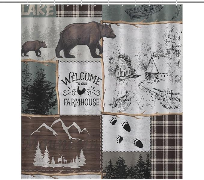 Rustic Cabin Vintage Bear Shower Curtain Country Lodge Deer Mountain Forest Farmhouse Waterproof Shower Curtains for Bathroom Decor 12 Pack Hooks 66x72in（168x183cm）