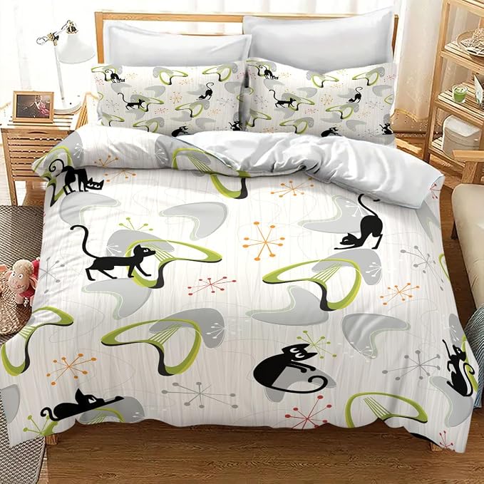 Mid Century Bedding Set,Retro Black Cat Atomic Diamond Star 1950s 1960s Abstract Geometric Minimalist Simple Modern Comforter Set with Pillowcase for Bedroom Bed Decor,King 102"x90"