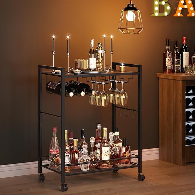 Bar Cart, Home Bar Serving Cart with 2-Tier Shelf,Rolling Beverage Cart with Wheels,Mobile Kitchen Shelf,Modern Black Wine Drink Cart with Wine Rack and Glass Holder for Kitchen,Dinning Room