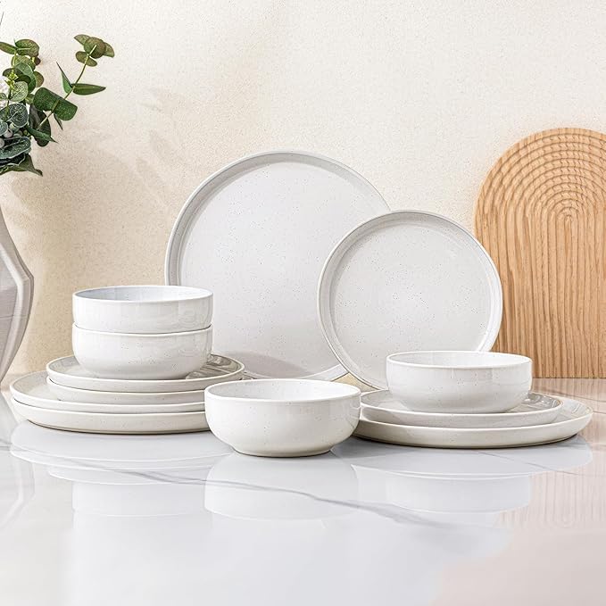 GBHOME 12-Piece Stoneware Dinnerware Set for 4 – Ribbed Ceramic Plates and Bowls, Scratch-Resistant, Microwave & Dishwasher Safe, Reactive Glaze