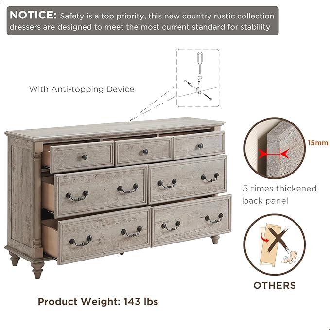 T4TREAM Farmhouse 7 Drawers Dresser Chests for Bedroom w/ 4 Column Solid Wood Feet, Tall Wide Wood Country Rustic Chest of Drawers, Storage Dressers for Bedroom, Living Room, Light Rustic Oak