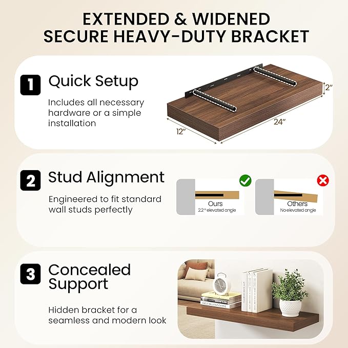36Inch Walnut Floating Shelves for Wall, 12 Inch Deep Shelves for Bedroom, Kitchen, Bathroom Wall Mounted, Rustic Wood Floating Shelf with Invisible Brackets for Books, Storage, Decor, 2 Packs