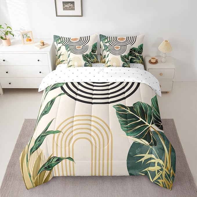 Erosebridal 7 Pcs Mid Century Boho Comforter Set Twin Size Abstract Art Simple Bedding Sets,Minimalist Tropical Palm Leaves Bed in a Bag Modern Bohemian Style Quilt with Flat Fitted Sheet,Green Gold