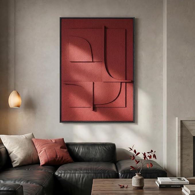 Framed 3D Abstract Wall Art, Modern Minimalist Geometric Textured Paintings Artwork for Walls, Red Terracotta Pictures for Living Room, Bedroom, Dining Room, Hallway Wall Decor 24x36 In