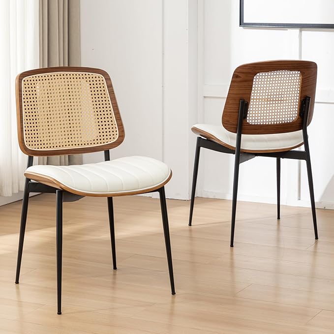 Rattan Dining Chairs Set of 4,Mid Century White PU Leather Kitchen Chairs,Upholstered Seat Metal Legs Chairs with Adjustable Foot Pads,Walnut Armless Side Chairs