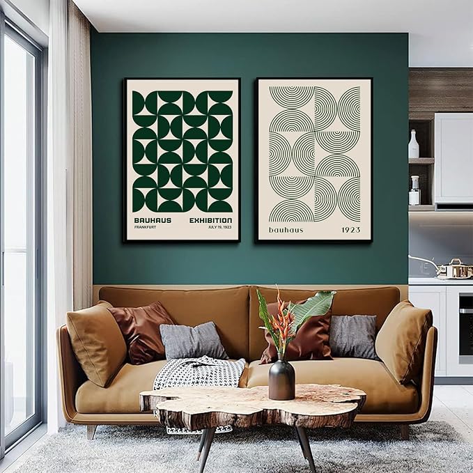 2Pcs Bauhaus Mid Century Modern Wall Art Retro Exhibition Posters Prints Green Boho Geometric Abstract Minimalist Wall Decor Pictures for Bedroom iving Room Dining Room UNFRAMED (Green, 12x16in)