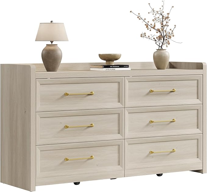 SICOTAS 6 Drawer Dresser for Bedroom-56.4" Extra-Wide Wooden Chest of Drawers with Large Storage, Long Dresser TV Stand with Drawers, Farmhouse Closet Dressers for Nursery Living Room, Grey White Oak