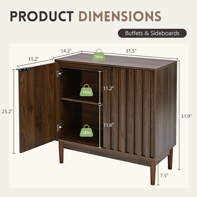 Fluted Cabinet with Storage, Buffet Cabinet Sideboard with Door, Kitchen Buffet Storage Accent Cabinets with Adjustable Shelves for Living Room, Entry, Hallway, Brown, Walnut