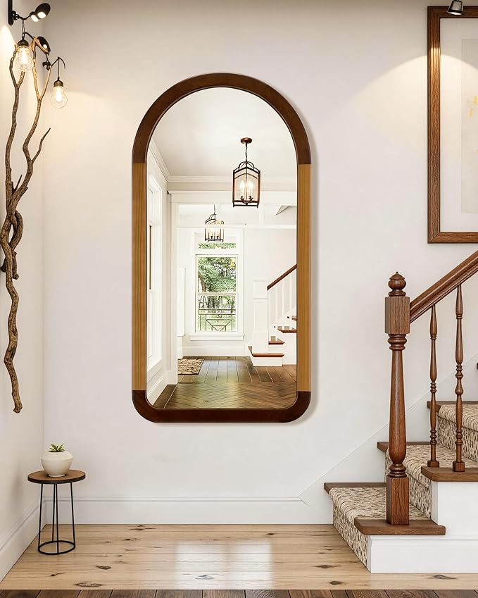 Arched Mirror 24 x 47 Inch,Brown Wood Rustic Bathroom Tempered Wall Mirror with Wood Frame,Round Corner Arch Farmhouse Wooden Vanity Mirror for Living Room,Entryway or Bedroom（Walnut Brown）