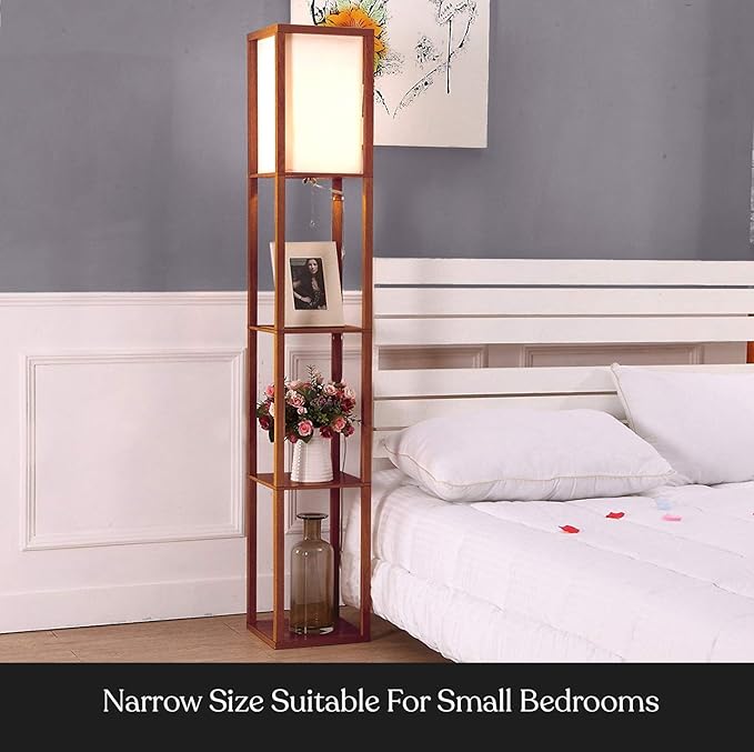 Brightech Maxwell - Modern Shelf Floor Lamp with Lamp Shade & Warm White LED Bulb, Corner Display Floor Lamp with Shelves for Living Room, Bedroom, Nightstand Office, Home Decor Storage - Walnut Brown