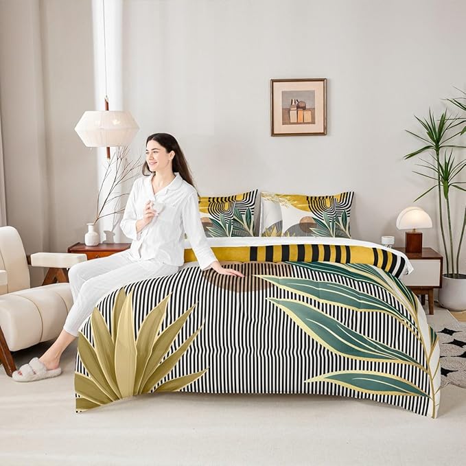 Erosebridal Mid Century Comforter Set King Size Contemporary Bohemian 7 Pcs Bedding Sets,Modern Abstract Stripes Bed in a Bag Geometric Retro Minimalism Quilt with Flat Fitted Sheet,Yellow