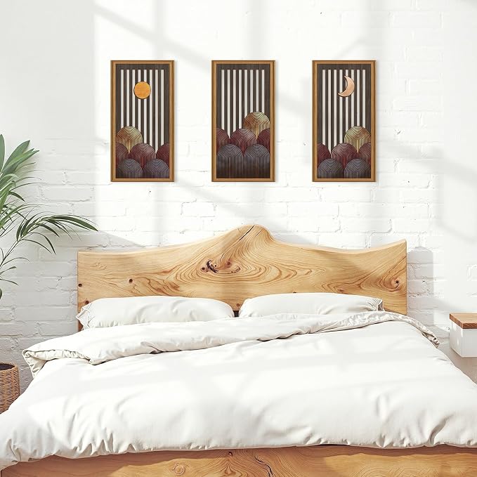 Celestdeco 3 Pcs Boho Mountain Wooden Wall Art Minimalist Geometric Artwork Pine Tree Sunrise Wood Wall Decor Bohemian Forest Hanging Decor for Living Room Bedroom Office 7.9 x15.8 Inch
