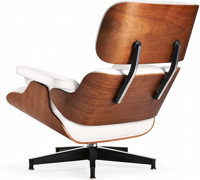 Top Grain Leather, Mid Century Chaise Lounge Chair and Ottoman, Modern Chair Classic Design, Heavy Duty Base Support for Living Room Study Lounge Office, Walnut-White, Heightening