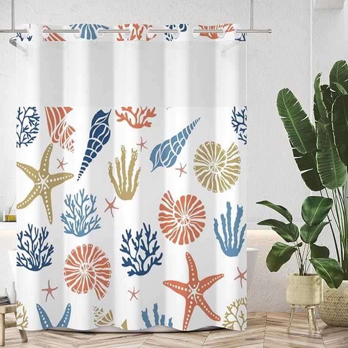 No Hook Nautical Coastal Shower Curtain with Snap in Liner Set Ocean Themed Coral Seashell Starfish Beach Shower Curtains Polyester Fabric Waterproof Bathroom Curtains 71Wx74H