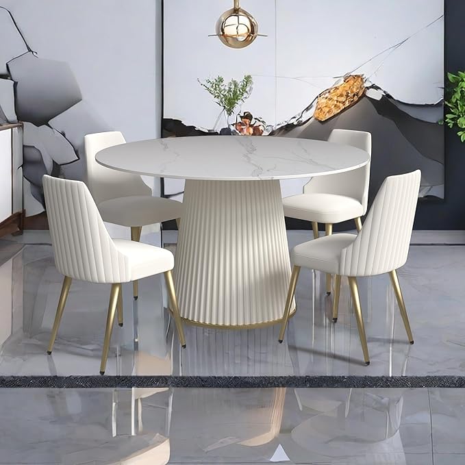 Leavader 53'' Round Dining Table Set, White Sintered Stone Tabletop and Cylindrical Base, 1 Table and 4 Chairs Set for Dining Room/Living Room/Kitchen