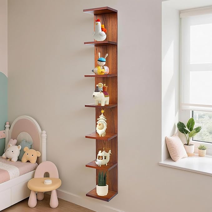 7 Tier Wall Shelf Unit,Vertical Column Floating Storage Home Decor Organizer,Walnut Lack Wall Shelf for Bedroom,Living Room,Office Decor(1 Pack)