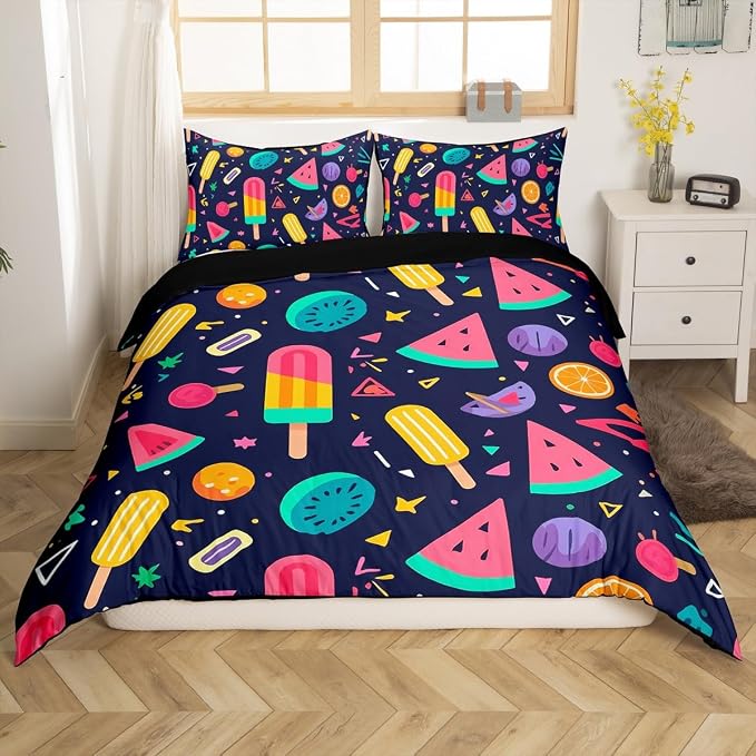 80s 90S Fashion Style Bedding Set Queen Size,Retro Memphis Style Pattern with Geometrical Shapes Duvet Cover for Kids Child,Funky Hipster Old Fashioned Comforter Cover Geometric Bedroom Decor