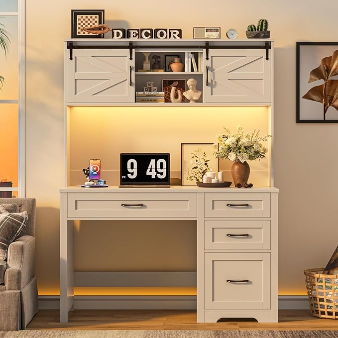Farmhouse 67" H Executive Desk with Hutch,Office Table with LED light and 7 Drawers,Computer Desk with Charging Station,File Drawers and Storage Cabinet,Workstation for Home Office.Cream White