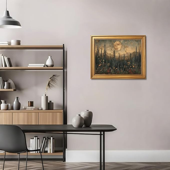 Vintage Nature Forest Wall Art Canvas Print Dark Moon Landscape Painting Woodland Wildflowers Picture Artwork Natural Scenery for Farmhouse Bedroom Living Room Wall Decor 24x36inch Golden frame